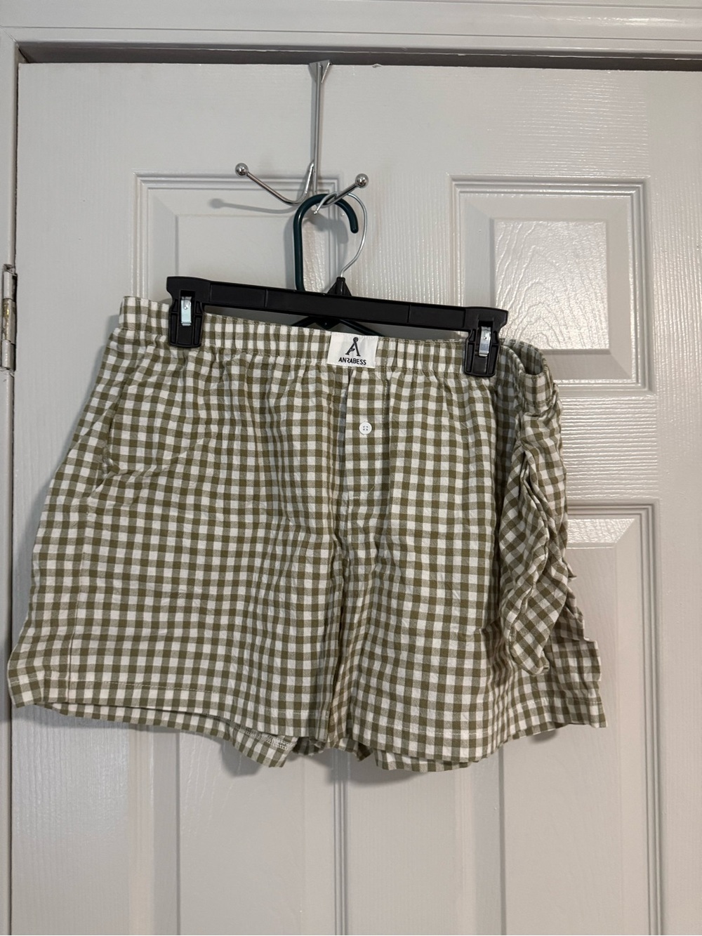 Olive and White Gingham Ruffle-Hem Skort